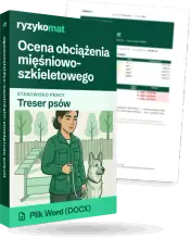 Pudełko dokumentu „Ocena obciążenia mięśniowo-szkieletowego” ze znakiem Ryzykomat i napisem „Plik Word (DOCX)” na froncie, ilustracja stanowiska „Treser psów”; zza pudełka wystaje strona prawdziwego dokumentu z rozmytą treścią