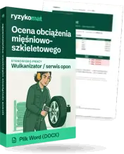 Pudełko dokumentu „Ocena obciążenia mięśniowo-szkieletowego” ze znakiem Ryzykomat i napisem „Plik Word (DOCX)” na froncie, ilustracja stanowiska „Wulkanizator / serwis opon”; zza pudełka wystaje strona prawdziwego dokumentu z rozmytą treścią