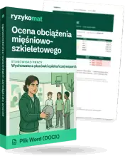 Pudełko dokumentu „Ocena obciążenia mięśniowo-szkieletowego” ze znakiem Ryzykomat i napisem „Plik Word (DOCX)” na froncie, ilustracja stanowiska „Wychowawca placówki opiekuńczej wsparcia dziennego”; zza pudełka wystaje strona prawdziwego dokumentu z rozmytą treścią
