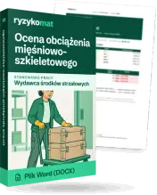 Pudełko dokumentu „Ocena obciążenia mięśniowo-szkieletowego” ze znakiem Ryzykomat i napisem „Plik Word (DOCX)” na froncie, ilustracja stanowiska „Wydawca środków strzałowych”; zza pudełka wystaje strona prawdziwego dokumentu z rozmytą treścią