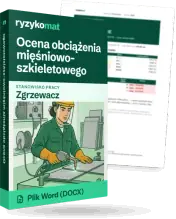 Pudełko dokumentu „Ocena obciążenia mięśniowo-szkieletowego” ze znakiem Ryzykomat i napisem „Plik Word (DOCX)” na froncie, ilustracja stanowiska „Zgrzewacz”; zza pudełka wystaje strona prawdziwego dokumentu z rozmytą treścią