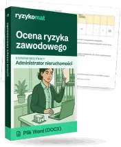 Pudełko dokumentu „Ocena ryzyka zawodowego” ze znakiem Ryzykomat i napisem „Plik Word (DOCX)” na froncie, ilustracja stanowiska „Administrator nieruchomości”; zza pudełka wystaje strona prawdziwego dokumentu z rozmytą treścią