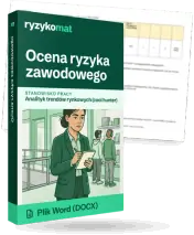 Pudełko dokumentu „Ocena ryzyka zawodowego” ze znakiem Ryzykomat i napisem „Plik Word (DOCX)” na froncie, ilustracja stanowiska „Analityk trendów rynkowych (cool hunter)”; zza pudełka wystaje strona prawdziwego dokumentu z rozmytą treścią