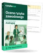 Pudełko dokumentu „Ocena ryzyka zawodowego” ze znakiem Ryzykomat i napisem „Plik Word (DOCX)” na froncie, ilustracja stanowiska „Andragog”; zza pudełka wystaje strona prawdziwego dokumentu z rozmytą treścią
