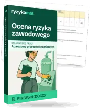 Pudełko dokumentu „Ocena ryzyka zawodowego” ze znakiem Ryzykomat i napisem „Plik Word (DOCX)” na froncie, ilustracja stanowiska „Aparatowy procesów chemicznych”; zza pudełka wystaje strona prawdziwego dokumentu z rozmytą treścią