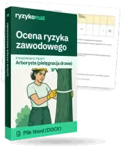 Pudełko dokumentu „Ocena ryzyka zawodowego” ze znakiem Ryzykomat i napisem „Plik Word (DOCX)” na froncie, ilustracja stanowiska „Arborysta (pielęgnacja drzew)”; zza pudełka wystaje strona prawdziwego dokumentu z rozmytą treścią