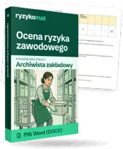 Pudełko dokumentu „Ocena ryzyka zawodowego” ze znakiem Ryzykomat i napisem „Plik Word (DOCX)” na froncie, ilustracja stanowiska „Archiwista zakładowy”; zza pudełka wystaje strona prawdziwego dokumentu z rozmytą treścią