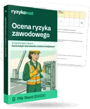 Pudełko dokumentu „Ocena ryzyka zawodowego” ze znakiem Ryzykomat i napisem „Plik Word (DOCX)” na froncie, ilustracja stanowiska „Automatyk sterowania ruchem kolejowym”; zza pudełka wystaje strona prawdziwego dokumentu z rozmytą treścią