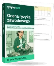 Pudełko dokumentu „Ocena ryzyka zawodowego” ze znakiem Ryzykomat i napisem „Plik Word (DOCX)” na froncie, ilustracja stanowiska „Bibliotekarz / doradca zasobów bibliotecznych”; zza pudełka wystaje strona prawdziwego dokumentu z rozmytą treścią