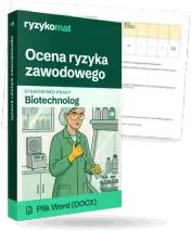 Pudełko dokumentu „Ocena ryzyka zawodowego” ze znakiem Ryzykomat i napisem „Plik Word (DOCX)” na froncie, ilustracja stanowiska „Biotechnolog”; zza pudełka wystaje strona prawdziwego dokumentu z rozmytą treścią