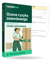 Pudełko dokumentu „Ocena ryzyka zawodowego” ze znakiem Ryzykomat i napisem „Plik Word (DOCX)” na froncie, ilustracja stanowiska „Cieśla szalunkowy”; zza pudełka wystaje strona prawdziwego dokumentu z rozmytą treścią