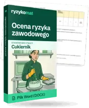 Pudełko dokumentu „Ocena ryzyka zawodowego” ze znakiem Ryzykomat i napisem „Plik Word (DOCX)” na froncie, ilustracja stanowiska „Cukiernik”; zza pudełka wystaje strona prawdziwego dokumentu z rozmytą treścią