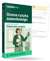 Pudełko dokumentu „Ocena ryzyka zawodowego” ze znakiem Ryzykomat i napisem „Plik Word (DOCX)” na froncie, ilustracja stanowiska „Dekorator wnętrz”; zza pudełka wystaje strona prawdziwego dokumentu z rozmytą treścią