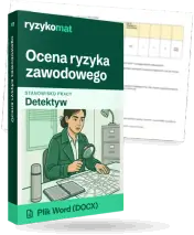 Pudełko dokumentu „Ocena ryzyka zawodowego” ze znakiem Ryzykomat i napisem „Plik Word (DOCX)” na froncie, ilustracja stanowiska „Detektyw”; zza pudełka wystaje strona prawdziwego dokumentu z rozmytą treścią