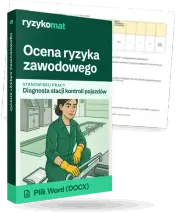 Pudełko dokumentu „Ocena ryzyka zawodowego” ze znakiem Ryzykomat i napisem „Plik Word (DOCX)” na froncie, ilustracja stanowiska „Diagnosta stacji kontroli pojazdów”; zza pudełka wystaje strona prawdziwego dokumentu z rozmytą treścią