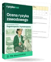 Pudełko dokumentu „Ocena ryzyka zawodowego” ze znakiem Ryzykomat i napisem „Plik Word (DOCX)” na froncie, ilustracja stanowiska „Dogoterapeuta / kynoterapeuta”; zza pudełka wystaje strona prawdziwego dokumentu z rozmytą treścią