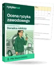 Pudełko dokumentu „Ocena ryzyka zawodowego” ze znakiem Ryzykomat i napisem „Plik Word (DOCX)” na froncie, ilustracja stanowiska „Doradca rolniczy”; zza pudełka wystaje strona prawdziwego dokumentu z rozmytą treścią