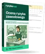 Pudełko dokumentu „Ocena ryzyka zawodowego” ze znakiem Ryzykomat i napisem „Plik Word (DOCX)” na froncie, ilustracja stanowiska „Doradca serwisowy w stacji obsługi pojazdów”; zza pudełka wystaje strona prawdziwego dokumentu z rozmytą treścią