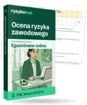 Pudełko dokumentu „Ocena ryzyka zawodowego” ze znakiem Ryzykomat i napisem „Plik Word (DOCX)” na froncie, ilustracja stanowiska „Egzaminator online”; zza pudełka wystaje strona prawdziwego dokumentu z rozmytą treścią