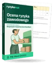 Pudełko dokumentu „Ocena ryzyka zawodowego” ze znakiem Ryzykomat i napisem „Plik Word (DOCX)” na froncie, ilustracja stanowiska „Ekspozytor towarów (merchandiser)”; zza pudełka wystaje strona prawdziwego dokumentu z rozmytą treścią
