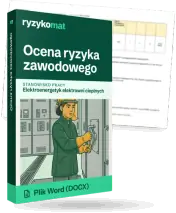 Pudełko dokumentu „Ocena ryzyka zawodowego” ze znakiem Ryzykomat i napisem „Plik Word (DOCX)” na froncie, ilustracja stanowiska „Elektroenergetyk elektrowni cieplnych”; zza pudełka wystaje strona prawdziwego dokumentu z rozmytą treścią