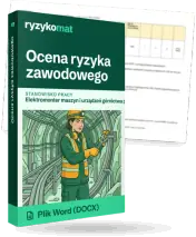 Pudełko dokumentu „Ocena ryzyka zawodowego” ze znakiem Ryzykomat i napisem „Plik Word (DOCX)” na froncie, ilustracja stanowiska „Elektromonter maszyn i urządzeń górnictwa podziemnego”; zza pudełka wystaje strona prawdziwego dokumentu z rozmytą treścią