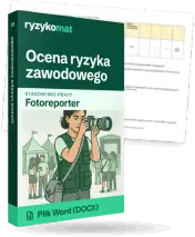 Pudełko dokumentu „Ocena ryzyka zawodowego” ze znakiem Ryzykomat i napisem „Plik Word (DOCX)” na froncie, ilustracja stanowiska „Fotoreporter”; zza pudełka wystaje strona prawdziwego dokumentu z rozmytą treścią