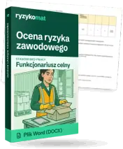 Pudełko dokumentu „Ocena ryzyka zawodowego” ze znakiem Ryzykomat i napisem „Plik Word (DOCX)” na froncie, ilustracja stanowiska „Funkcjonariusz celny”; zza pudełka wystaje strona prawdziwego dokumentu z rozmytą treścią