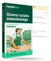 Pudełko dokumentu „Ocena ryzyka zawodowego” ze znakiem Ryzykomat i napisem „Plik Word (DOCX)” na froncie, ilustracja stanowiska „Garbarz”; zza pudełka wystaje strona prawdziwego dokumentu z rozmytą treścią