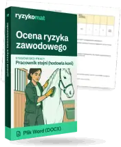Pudełko dokumentu „Ocena ryzyka zawodowego” ze znakiem Ryzykomat i napisem „Plik Word (DOCX)” na froncie, ilustracja stanowiska „Pracownik stajni (hodowla koni)”; zza pudełka wystaje strona prawdziwego dokumentu z rozmytą treścią