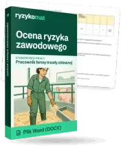 Pudełko dokumentu „Ocena ryzyka zawodowego” ze znakiem Ryzykomat i napisem „Plik Word (DOCX)” na froncie, ilustracja stanowiska „Pracownik fermy trzody chlewnej”; zza pudełka wystaje strona prawdziwego dokumentu z rozmytą treścią