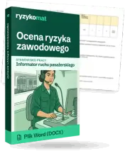 Pudełko dokumentu „Ocena ryzyka zawodowego” ze znakiem Ryzykomat i napisem „Plik Word (DOCX)” na froncie, ilustracja stanowiska „Informator ruchu pasażerskiego”; zza pudełka wystaje strona prawdziwego dokumentu z rozmytą treścią