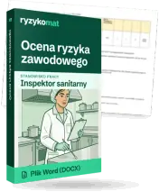 Pudełko dokumentu „Ocena ryzyka zawodowego” ze znakiem Ryzykomat i napisem „Plik Word (DOCX)” na froncie, ilustracja stanowiska „Inspektor sanitarny”; zza pudełka wystaje strona prawdziwego dokumentu z rozmytą treścią