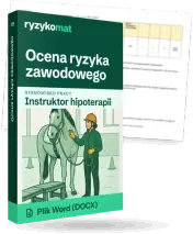 Pudełko dokumentu „Ocena ryzyka zawodowego” ze znakiem Ryzykomat i napisem „Plik Word (DOCX)” na froncie, ilustracja stanowiska „Instruktor hipoterapii”; zza pudełka wystaje strona prawdziwego dokumentu z rozmytą treścią