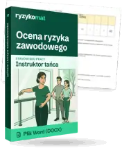 Pudełko dokumentu „Ocena ryzyka zawodowego” ze znakiem Ryzykomat i napisem „Plik Word (DOCX)” na froncie, ilustracja stanowiska „Instruktor tańca”; zza pudełka wystaje strona prawdziwego dokumentu z rozmytą treścią