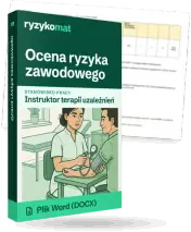 Pudełko dokumentu „Ocena ryzyka zawodowego” ze znakiem Ryzykomat i napisem „Plik Word (DOCX)” na froncie, ilustracja stanowiska „Instruktor terapii uzależnień”; zza pudełka wystaje strona prawdziwego dokumentu z rozmytą treścią
