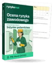 Pudełko dokumentu „Ocena ryzyka zawodowego” ze znakiem Ryzykomat i napisem „Plik Word (DOCX)” na froncie, ilustracja stanowiska „Inżynier pożarnictwa”; zza pudełka wystaje strona prawdziwego dokumentu z rozmytą treścią