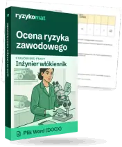 Pudełko dokumentu „Ocena ryzyka zawodowego” ze znakiem Ryzykomat i napisem „Plik Word (DOCX)” na froncie, ilustracja stanowiska „Inżynier włókiennik”; zza pudełka wystaje strona prawdziwego dokumentu z rozmytą treścią