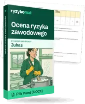 Pudełko dokumentu „Ocena ryzyka zawodowego” ze znakiem Ryzykomat i napisem „Plik Word (DOCX)” na froncie, ilustracja stanowiska „Juhas”; zza pudełka wystaje strona prawdziwego dokumentu z rozmytą treścią