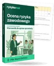 Pudełko dokumentu „Ocena ryzyka zawodowego” ze znakiem Ryzykomat i napisem „Plik Word (DOCX)” na froncie, ilustracja stanowiska „Kierownik do spraw sprzedaży”; zza pudełka wystaje strona prawdziwego dokumentu z rozmytą treścią