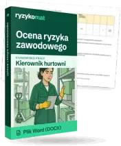 Pudełko dokumentu „Ocena ryzyka zawodowego” ze znakiem Ryzykomat i napisem „Plik Word (DOCX)” na froncie, ilustracja stanowiska „Kierownik hurtowni”; zza pudełka wystaje strona prawdziwego dokumentu z rozmytą treścią