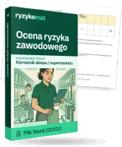 Pudełko dokumentu „Ocena ryzyka zawodowego” ze znakiem Ryzykomat i napisem „Plik Word (DOCX)” na froncie, ilustracja stanowiska „Kierownik sklepu / supermarketu”; zza pudełka wystaje strona prawdziwego dokumentu z rozmytą treścią