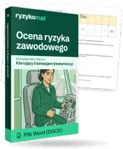 Pudełko dokumentu „Ocena ryzyka zawodowego” ze znakiem Ryzykomat i napisem „Plik Word (DOCX)” na froncie, ilustracja stanowiska „Kierujący tramwajem (motorniczy)”; zza pudełka wystaje strona prawdziwego dokumentu z rozmytą treścią
