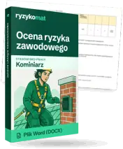 Pudełko dokumentu „Ocena ryzyka zawodowego” ze znakiem Ryzykomat i napisem „Plik Word (DOCX)” na froncie, ilustracja stanowiska „Kominiarz”; zza pudełka wystaje strona prawdziwego dokumentu z rozmytą treścią