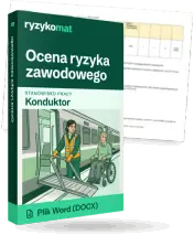 Pudełko dokumentu „Ocena ryzyka zawodowego” ze znakiem Ryzykomat i napisem „Plik Word (DOCX)” na froncie, ilustracja stanowiska „Konduktor”; zza pudełka wystaje strona prawdziwego dokumentu z rozmytą treścią