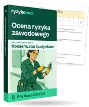 Pudełko dokumentu „Ocena ryzyka zawodowego” ze znakiem Ryzykomat i napisem „Plik Word (DOCX)” na froncie, ilustracja stanowiska „Konserwator budynków”; zza pudełka wystaje strona prawdziwego dokumentu z rozmytą treścią