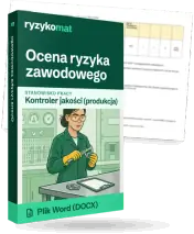 Pudełko dokumentu „Ocena ryzyka zawodowego” ze znakiem Ryzykomat i napisem „Plik Word (DOCX)” na froncie, ilustracja stanowiska „Kontroler jakości (produkcja)”; zza pudełka wystaje strona prawdziwego dokumentu z rozmytą treścią