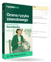 Pudełko dokumentu „Ocena ryzyka zawodowego” ze znakiem Ryzykomat i napisem „Plik Word (DOCX)” na froncie, ilustracja stanowiska „Koronkarka”; zza pudełka wystaje strona prawdziwego dokumentu z rozmytą treścią
