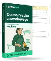 Pudełko dokumentu „Ocena ryzyka zawodowego” ze znakiem Ryzykomat i napisem „Plik Word (DOCX)” na froncie, ilustracja stanowiska „Kucharz”; zza pudełka wystaje strona prawdziwego dokumentu z rozmytą treścią
