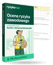 Pudełko dokumentu „Ocena ryzyka zawodowego” ze znakiem Ryzykomat i napisem „Plik Word (DOCX)” na froncie, ilustracja stanowiska „Kurier / doręczyciel paczek”; zza pudełka wystaje strona prawdziwego dokumentu z rozmytą treścią